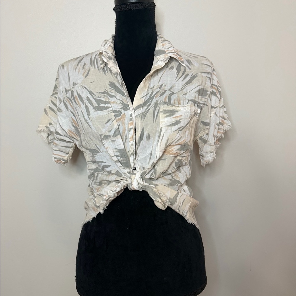 Philosophy Tropical Tie Front Blouse | Frayed Hem Rayon Top | Size M